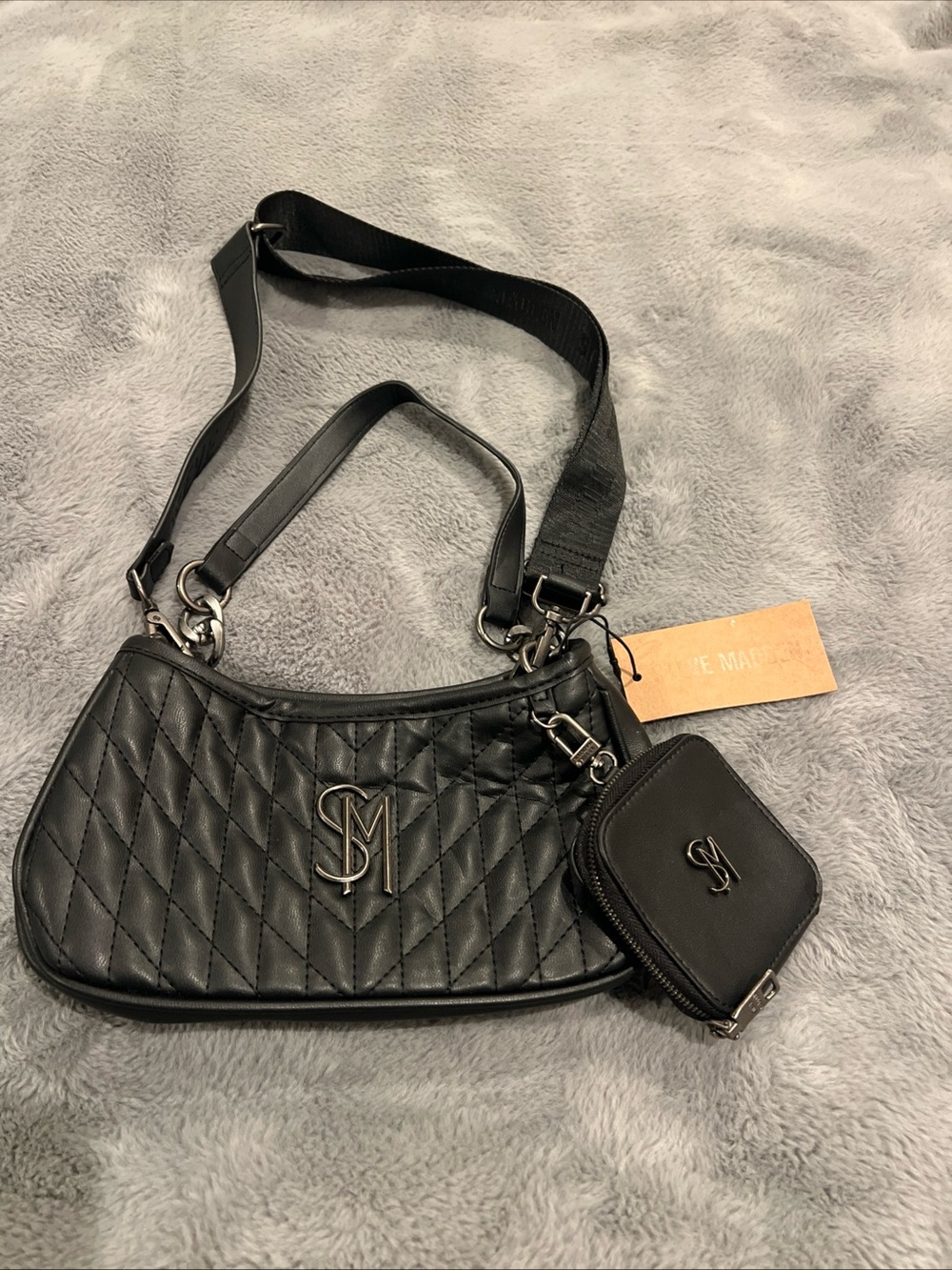 Steve Madden Black Quilted Shoulder Bag with Coin Pouch